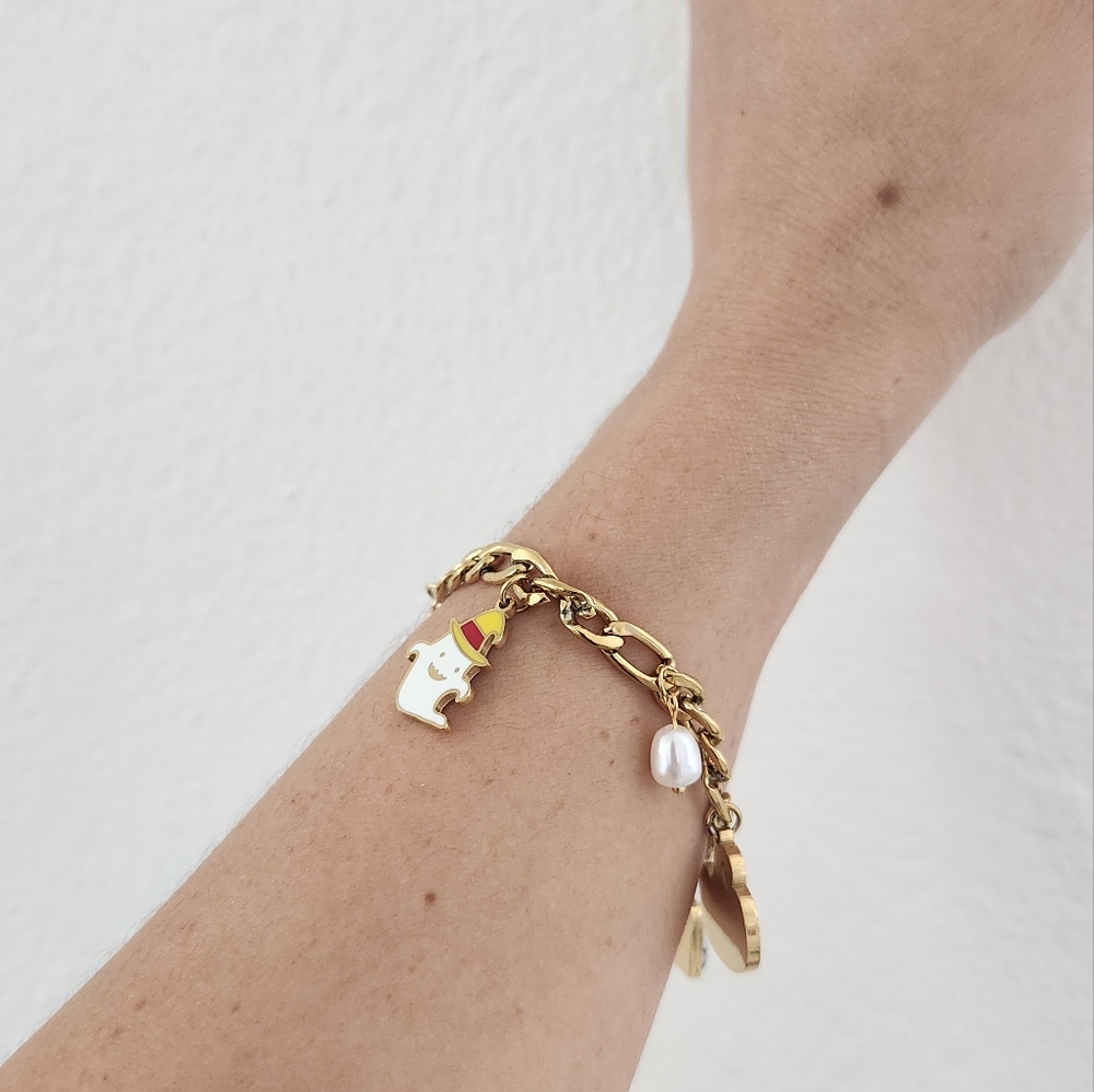 Halloween Gold Plated Stainless Steel Pumpkin Ghost Multi Pendant Charm Bracelet - Picture 7 of 9